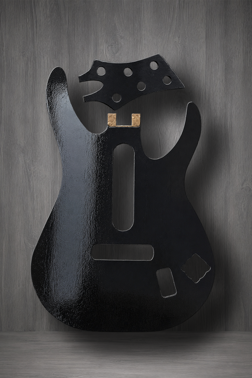 A laser cut  guitar body and headstock MagnaPlate set made of Black Gloss painted wood