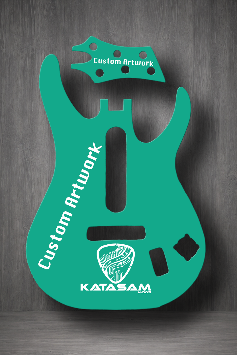 A custom MagnaPlate set in a vibrant teal green color. The set includes a main body piece with white printed text reading 'Custom Artwork' and 'KATASAM DESIGN', along with a matching headstock template at the top.