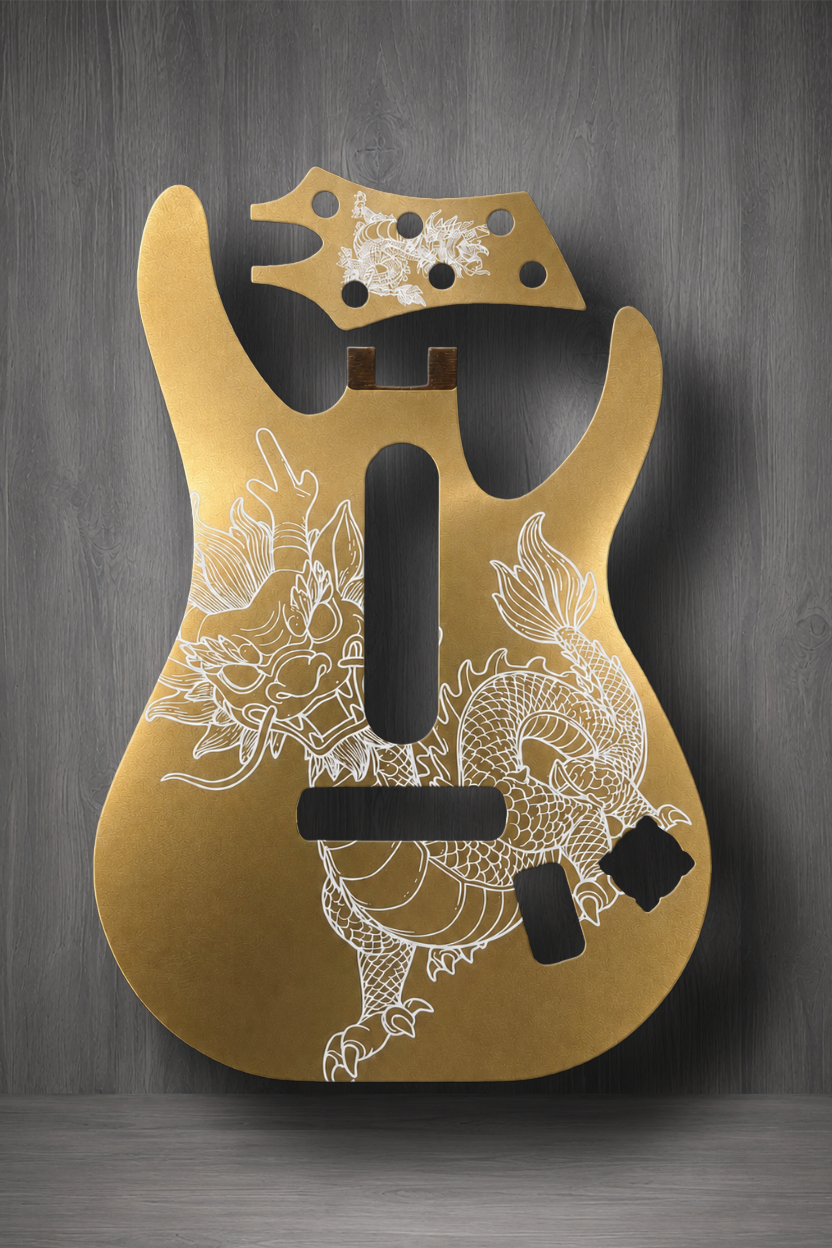 A laser cut and engraved guitar body and headstock MagnaPlate set made of gold painted wood, featuring white dragon line art illustrations