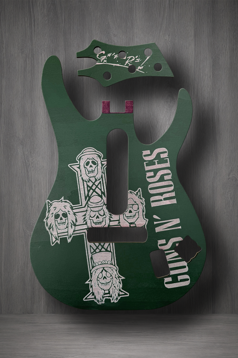 A custom MagnaPlate Set featuring Guns N' Roses graphics, including the band's name in white text and a cross design with skulls and roses