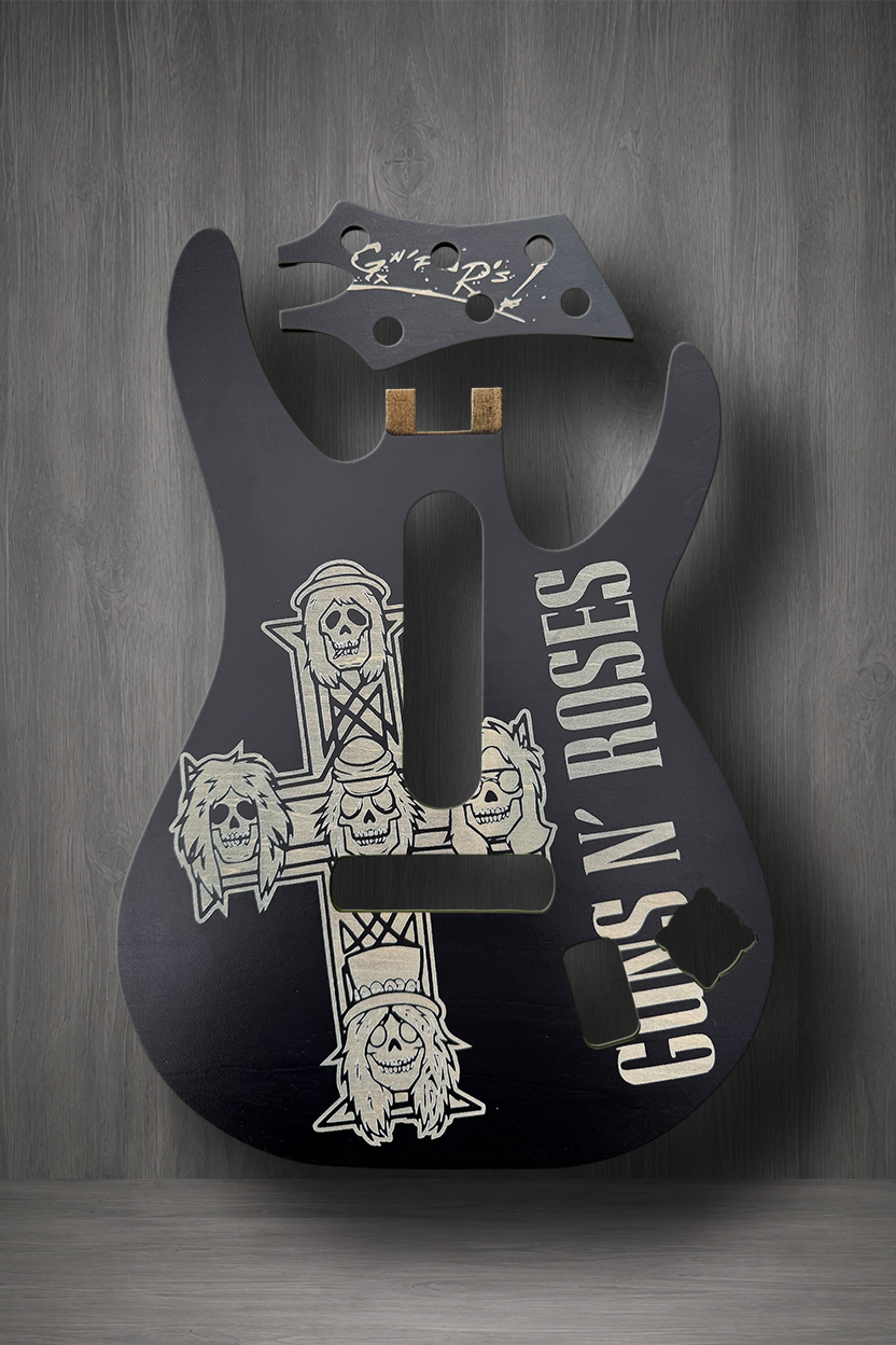A custom MagnaPlate Set featuring Guns N' Roses graphics, including the band's name in white text and a cross design with skulls and roses