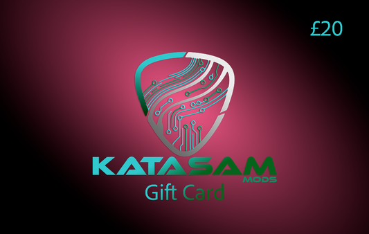 Katasam gift card with a shield design and £20 value on a dark red background