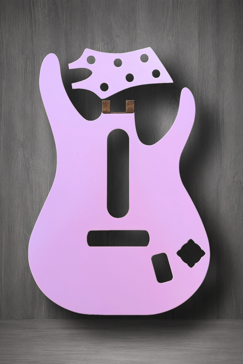 A light pink laser cut guitar body and headstock MagnaPlate set made of pink painted wood