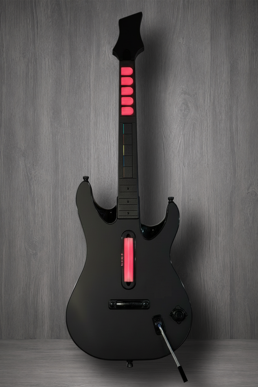 A customised and modified Guitar Hero controller, with Mechanical Frets and Strum, New custom PCBs all around and RGBs for the frets and strum.
