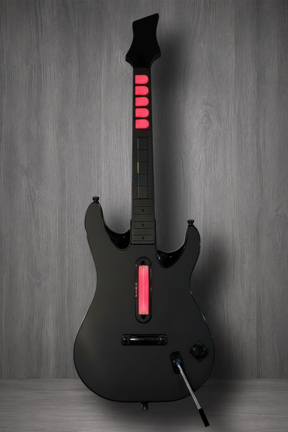 A customised and modified Guitar Hero controller, with Mechanical Frets and Strum, New custom PCBs all around and RGBs for the frets and strum.