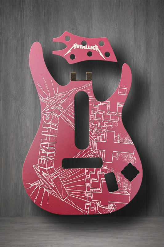 A red body and matching headstock MagnaPlate set with white line-art graphics inspired by the Master of Puppets album cover and the Metallica logo