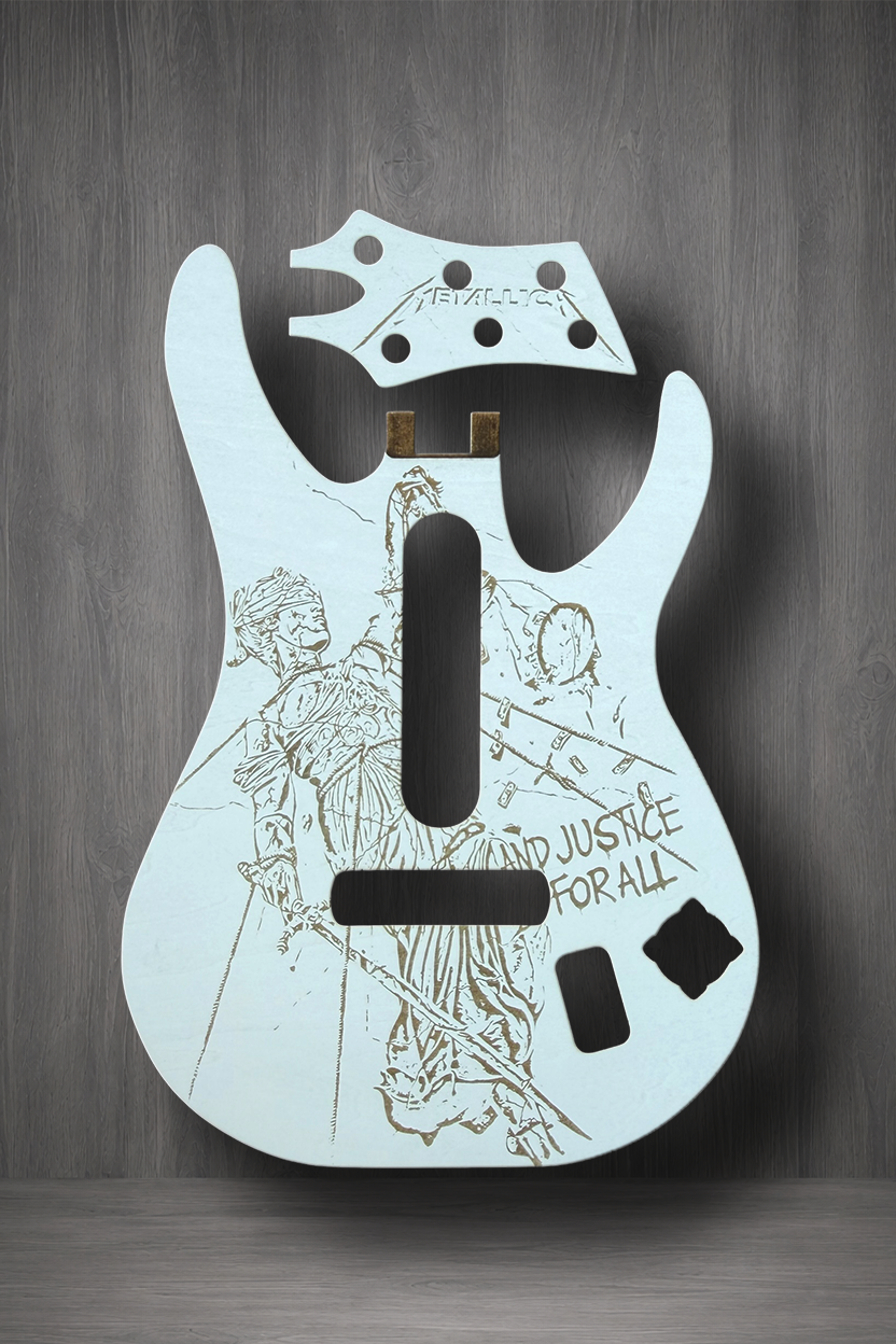 A custom white finish, featuring hand-drawn black ink illustrations of classical figures and the text 'AND JUSTICE FOR ALL' on the body, with a matching headstock piece
