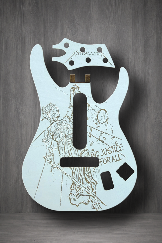 A custom white finish, featuring hand-drawn black ink illustrations of classical figures and the text 'AND JUSTICE FOR ALL' on the body, with a matching headstock piece