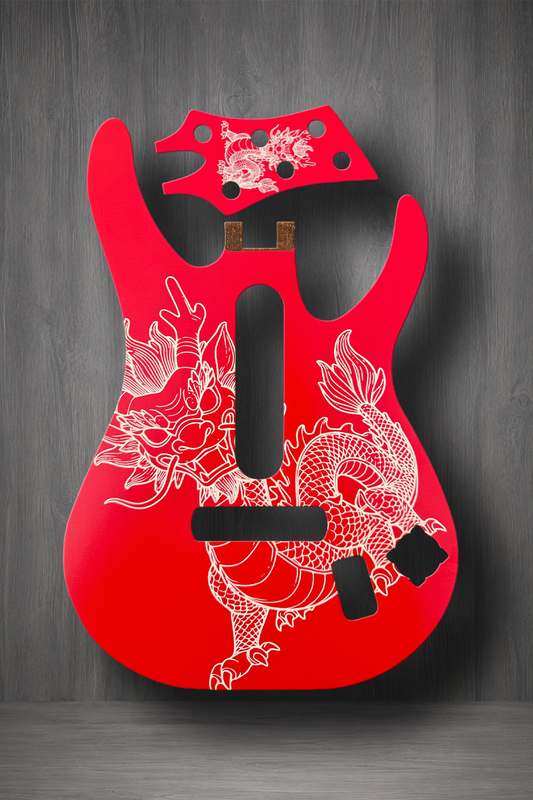A bright red MagnaPlate set with white dragon illustrations.